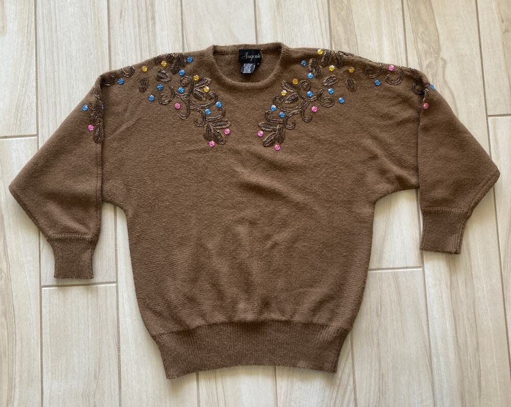 Angenie Brown Beaded Floral Embroidered Sweater Women’s Size M Cozy